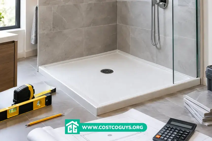 32x36 shower pan with measuring tools, calculator, plans, tiles, and installation