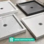 White acrylic 34x34 shower base with center drain set into a bathroom alcove