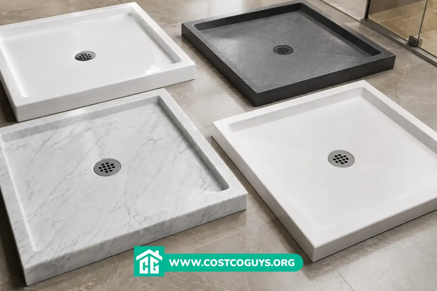 White acrylic 34x34 shower base with center drain set into a bathroom alcove