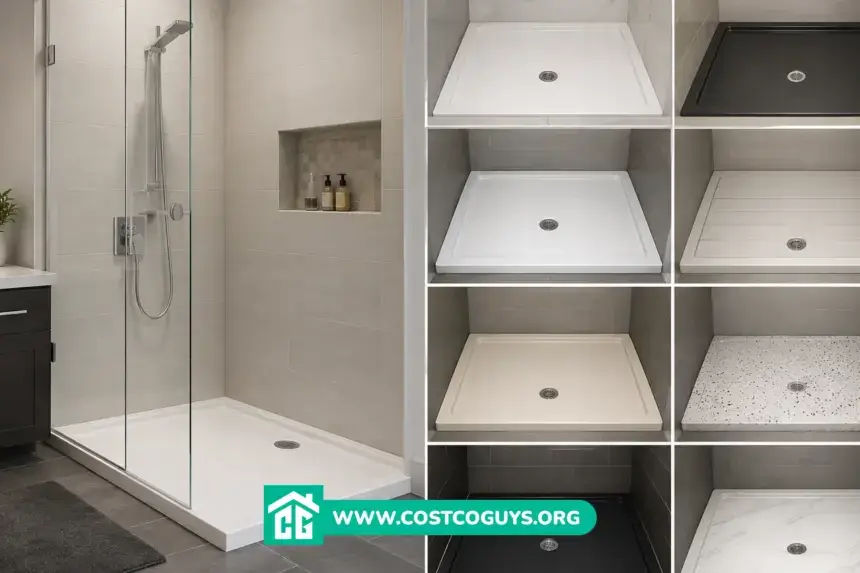 White 36 shower base with center drain set into a framed alcove opening
