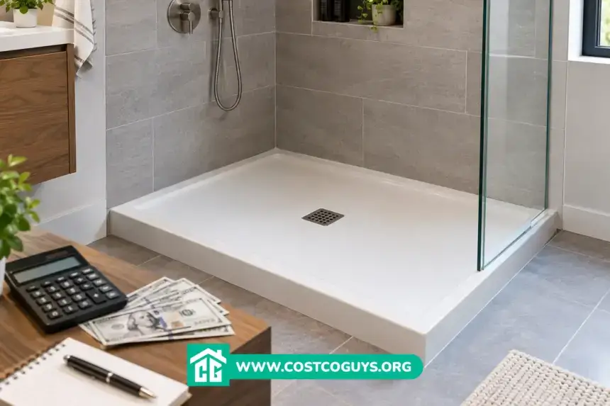 White rectangular 36x30 shower pan with center drain and textured floor