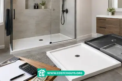 40 x 60 shower pan displayed in a modern bathroom with additional shower pans and cost-planning tools