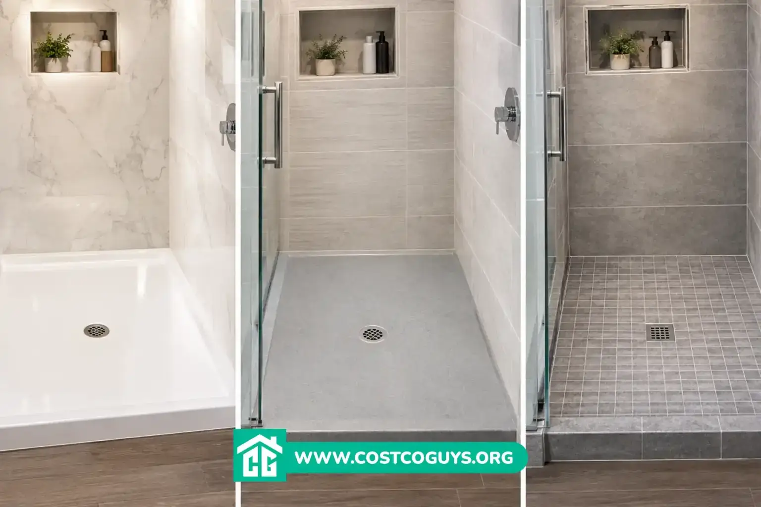 Three shower pans compared: white acrylic, gray solid surface, and small-format tileable pan