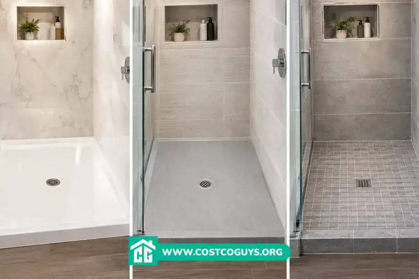 Three shower pans compared: white acrylic, gray solid surface, and small-format tileable pan