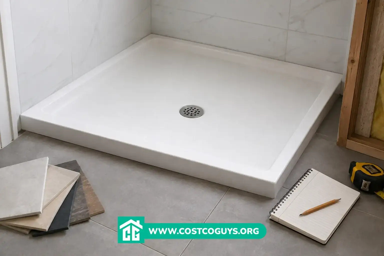 48 x 36 shower pan with tile samples and tape measure during bathroom renovation