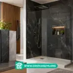 Gloss-finish onyx shower wall panels installed floor to ceiling with no visible grout lines