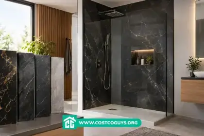 Gloss-finish onyx shower wall panels installed floor to ceiling with no visible grout lines
