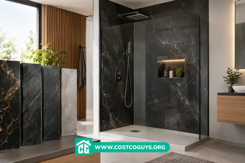 Gloss-finish onyx shower wall panels installed floor to ceiling with no visible grout lines